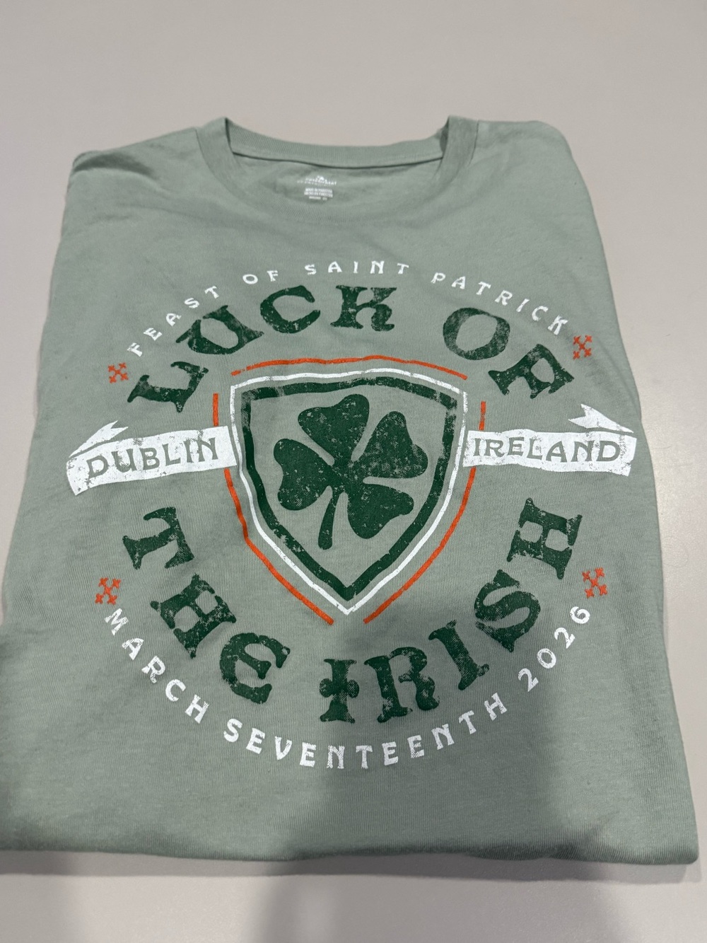Luck of the Irish' Short Sleeve Tee. Color is Sage Green. Size Medium Like New